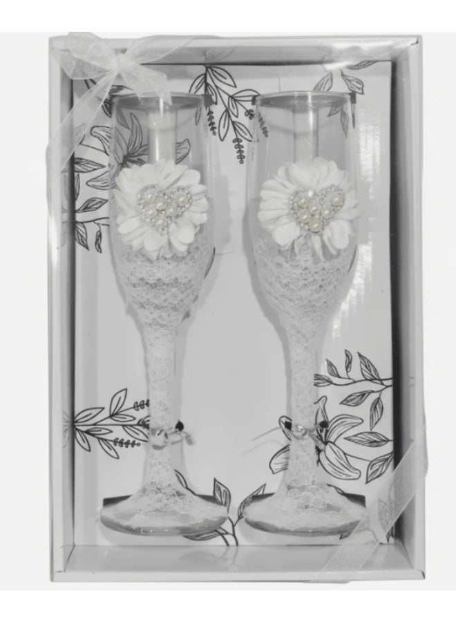 AKDC Wedding Bride & Groom Champagne Flute Glass Set of 2 – Elegant White Design - Image 1